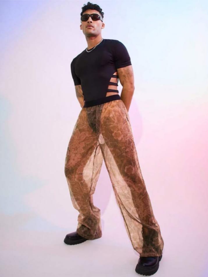 Men's Floral Print Mesh Wide Lag Stylish Lounge Pants